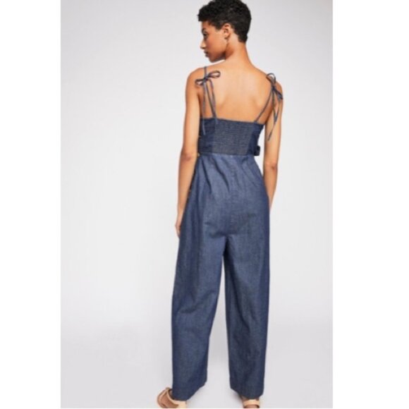 Free People Brittany Denim Jumpsuit Blue Tie Straps Button Casual Wide Leg - Picture 7 of 13